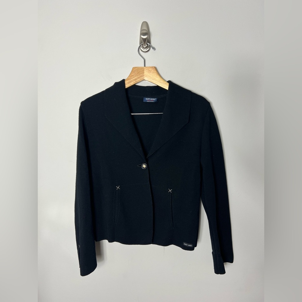 Saint James 100% Pure Wool Black Cardigan Sweater Jacket Size 8 *H